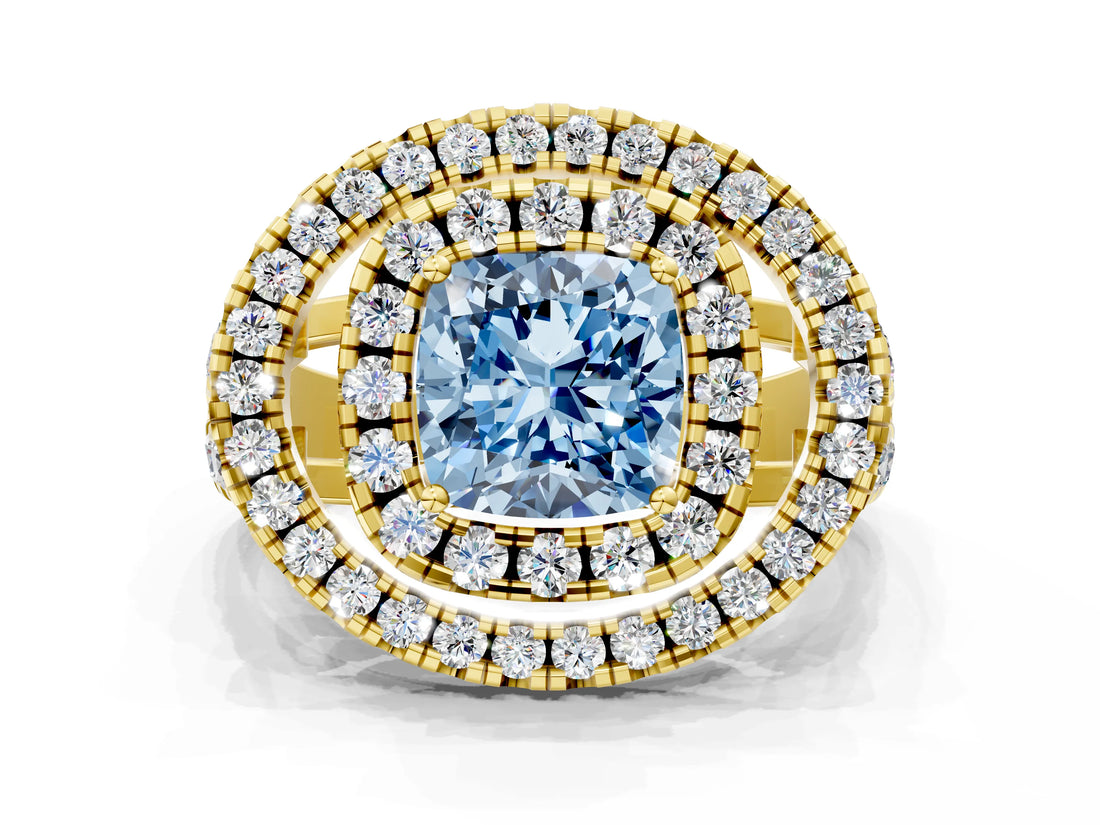 Yellow gold Double Halo Fancy Blue Cushion Cut Diamond Split Shank Prong Setting Ring