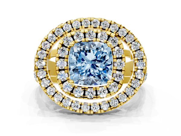 Yellow Gold Cushion Cut Halo Engagement Ring Setting for Fancy Blue Center - Design RJ-762