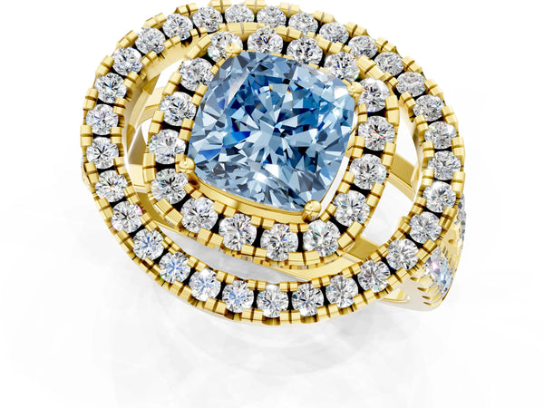 Yellow Gold Cushion Cut Halo Engagement Ring Setting for Fancy Blue Center - Design RJ-762