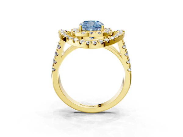 Yellow Gold Cushion Cut Halo Engagement Ring Setting for Fancy Blue Center - Design RJ-762
