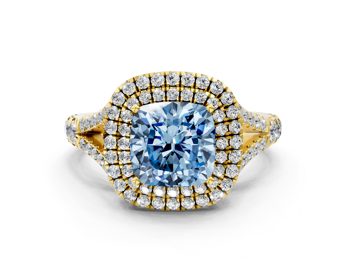 Yellow gold Double Halo Fancy Blue Cushion  Cut Diamond Split Shank Ring with Four Prong Setting_19