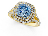 Yellow gold Double Halo Fancy Blue Cushion  Cut Diamond Split Shank Ring with Four Prong Setting_20