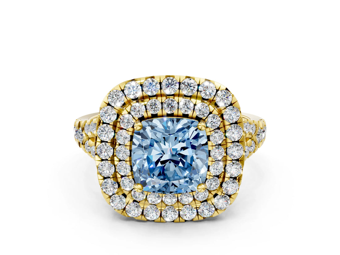 Yellow gold Double Halo Fancy Blue Cushion  Cut Pave Split Shank Prong Set Ring_15