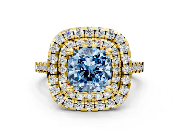 Yellow gold Double Halo Fancy Blue Cushion Cut Diamond Pavé Band with Four-Prong Setting