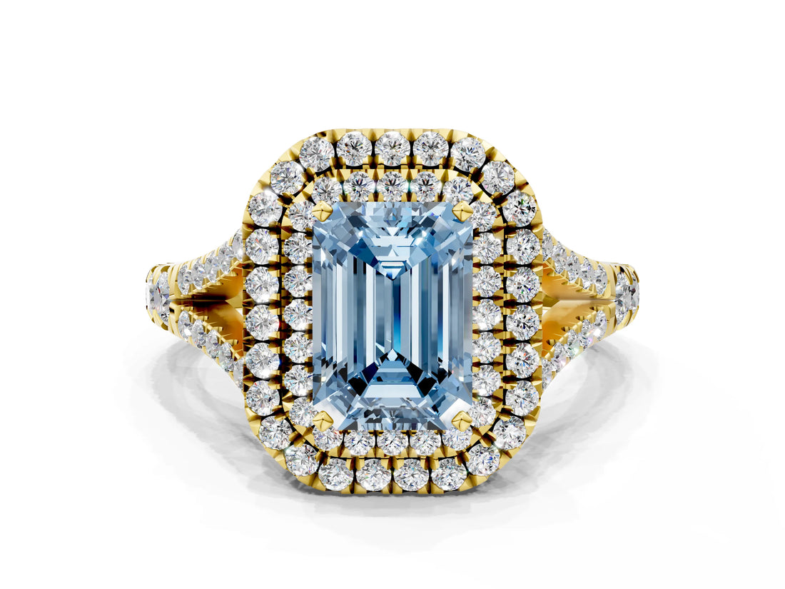Yellow gold Double Halo Fancy Blue Emerald -Shaped Split Shank Diamond Ring with Prong Setting_15
