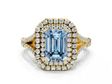 Yellow gold Double Halo Fancy Blue Emerald -Shaped Split Shank Diamond Ring with Prong Setting_15