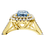 Yellow gold Double Halo Fancy Blue Emerald -Shaped Split Shank Diamond Ring with Prong Setting_19
