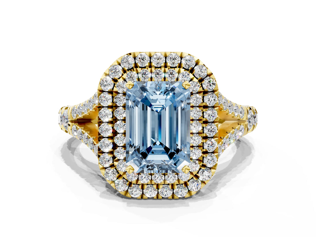 Yellow gold Double Halo Fancy Blue Emerald Cut Diamond Split Shank Engagement Ring with Four-Prong Setting_3