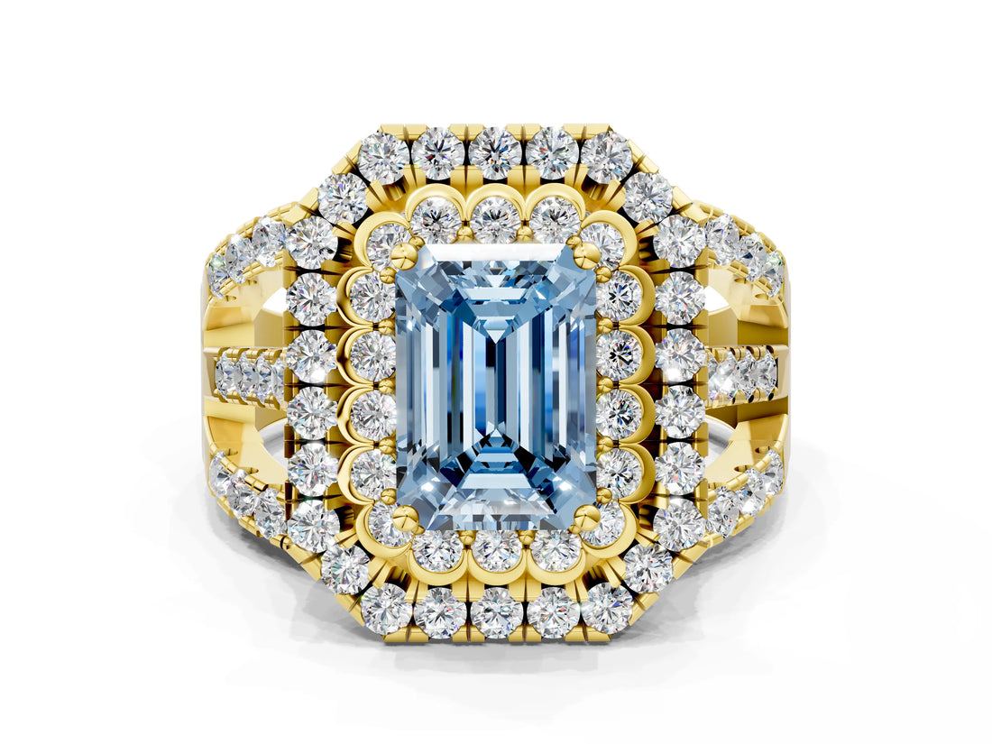 Yellow gold Double Halo Fancy Blue Emerald Cut Diamond Split Shank Pave Set Ring_3