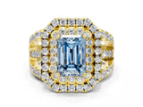 Yellow gold Double Halo Fancy Blue Emerald Cut Diamond Split Shank Pave Set Ring_3