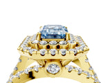 Yellow gold Double Halo Fancy Blue Emerald Cut Diamond Split Shank Pave Set Ring_7