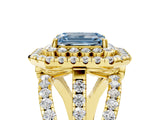 Yellow gold Double Halo Fancy Blue Emerald Cut Diamond Split Shank Pave Set Ring_8