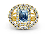 Yellow gold Double Halo Fancy Blue Emerald Cut Diamond Split Shank Prong Setting Ring