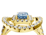 Yellow gold Double Halo Fancy Blue Emerald Cut Diamond Split Shank Prong Setting Ring_4