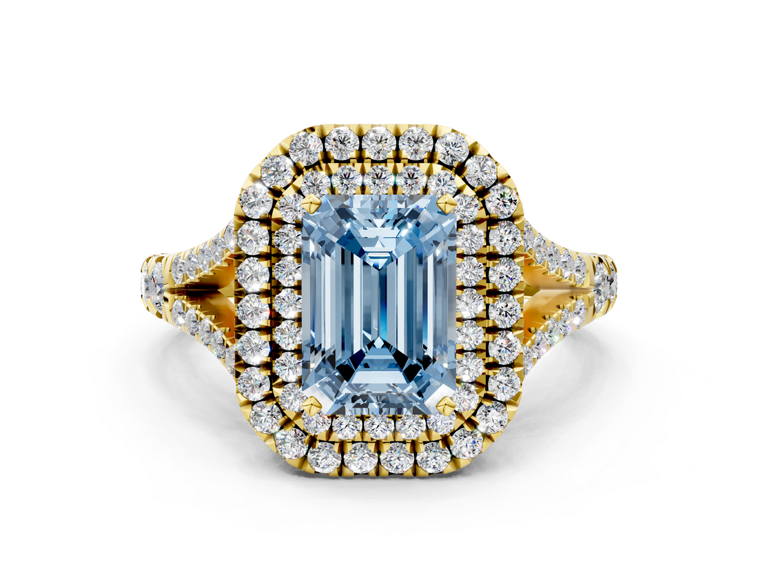 Yellow gold Double Halo Fancy Blue Emerald  Cut Diamond Split Shank Ring with Four Prong Setting_20