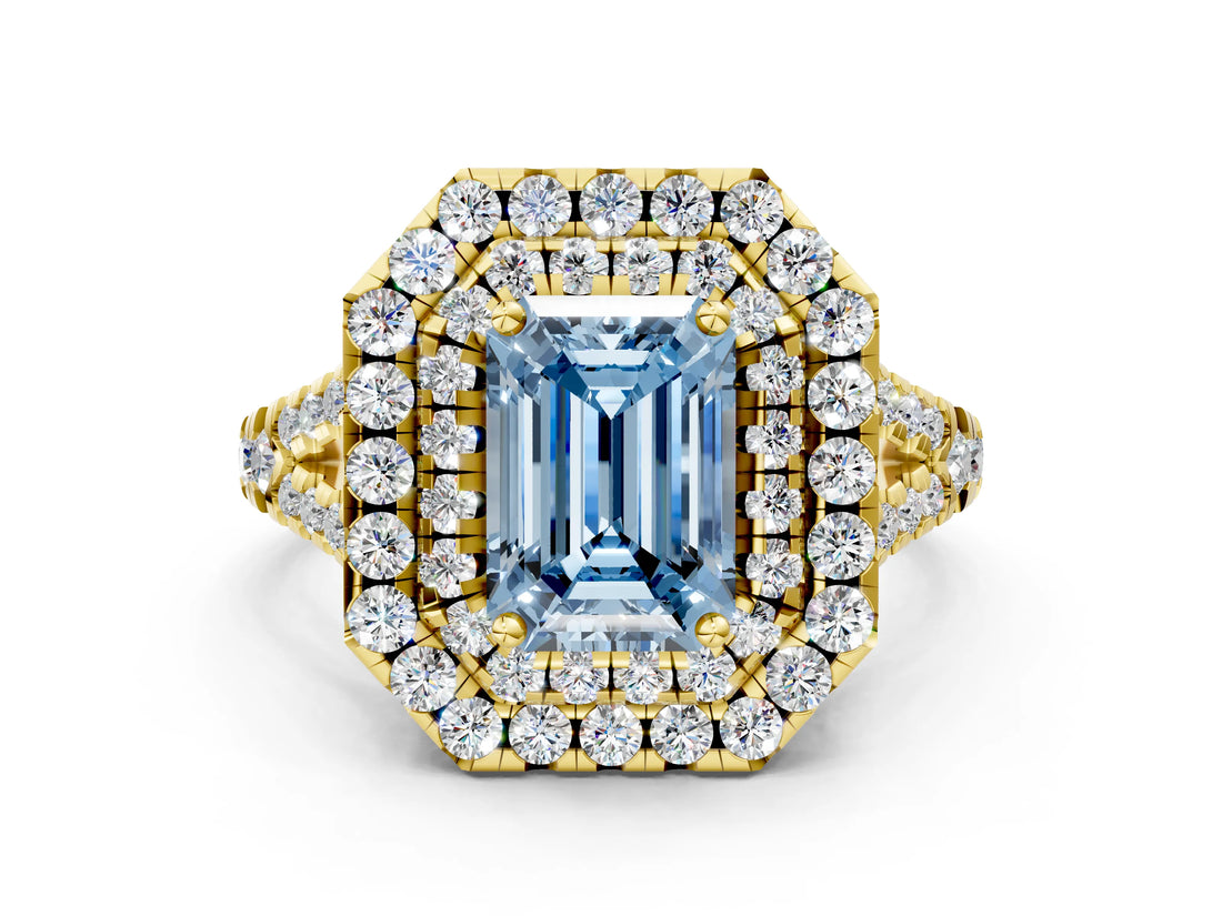 Yellow gold Double Halo Fancy Blue Emerald  Cut Pave Split Shank Prong Set Ring_15
