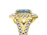 Yellow gold Double Halo Fancy Blue Emerald  Cut Pave Split Shank Prong Set Ring_20