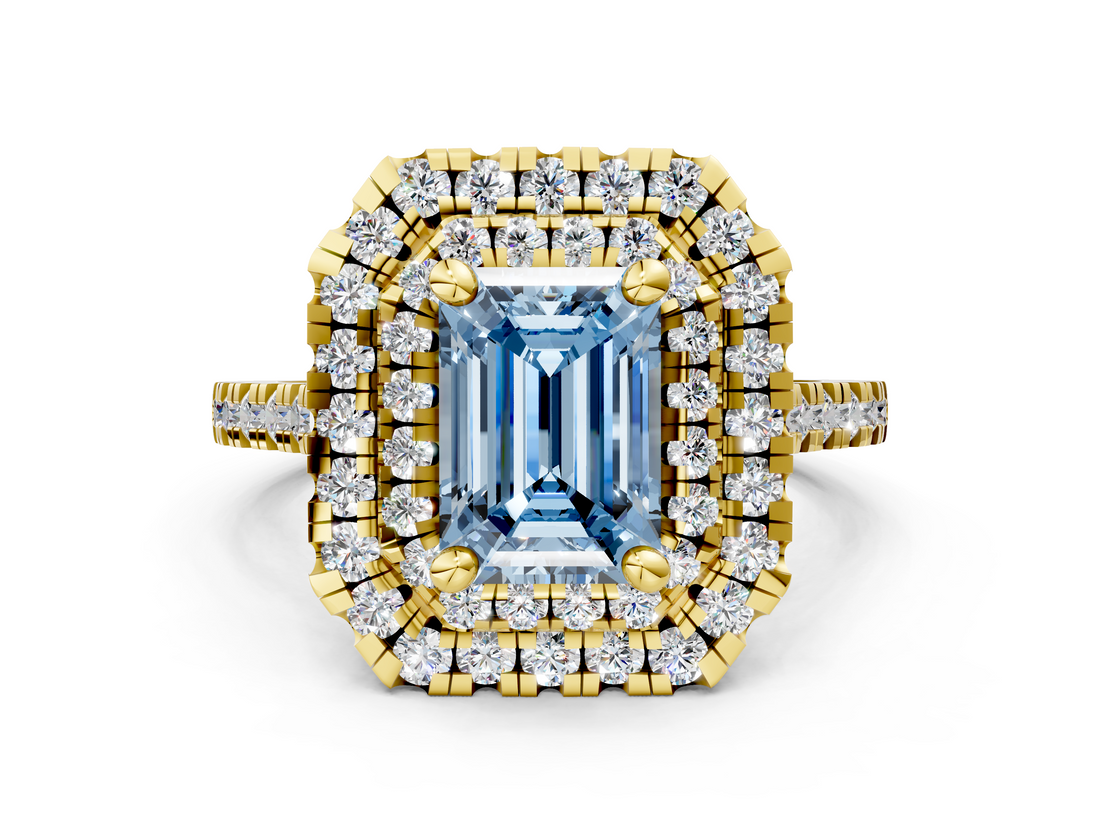 Yellow gold Double Halo Fancy Blue Emerald  Diamond Pave Band with Four-Prong Setting_43
