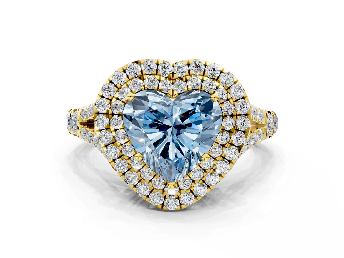 Yellow gold Double Halo Fancy Blue Heart -Shaped Split Shank Diamond Ring with Prong Setting_15