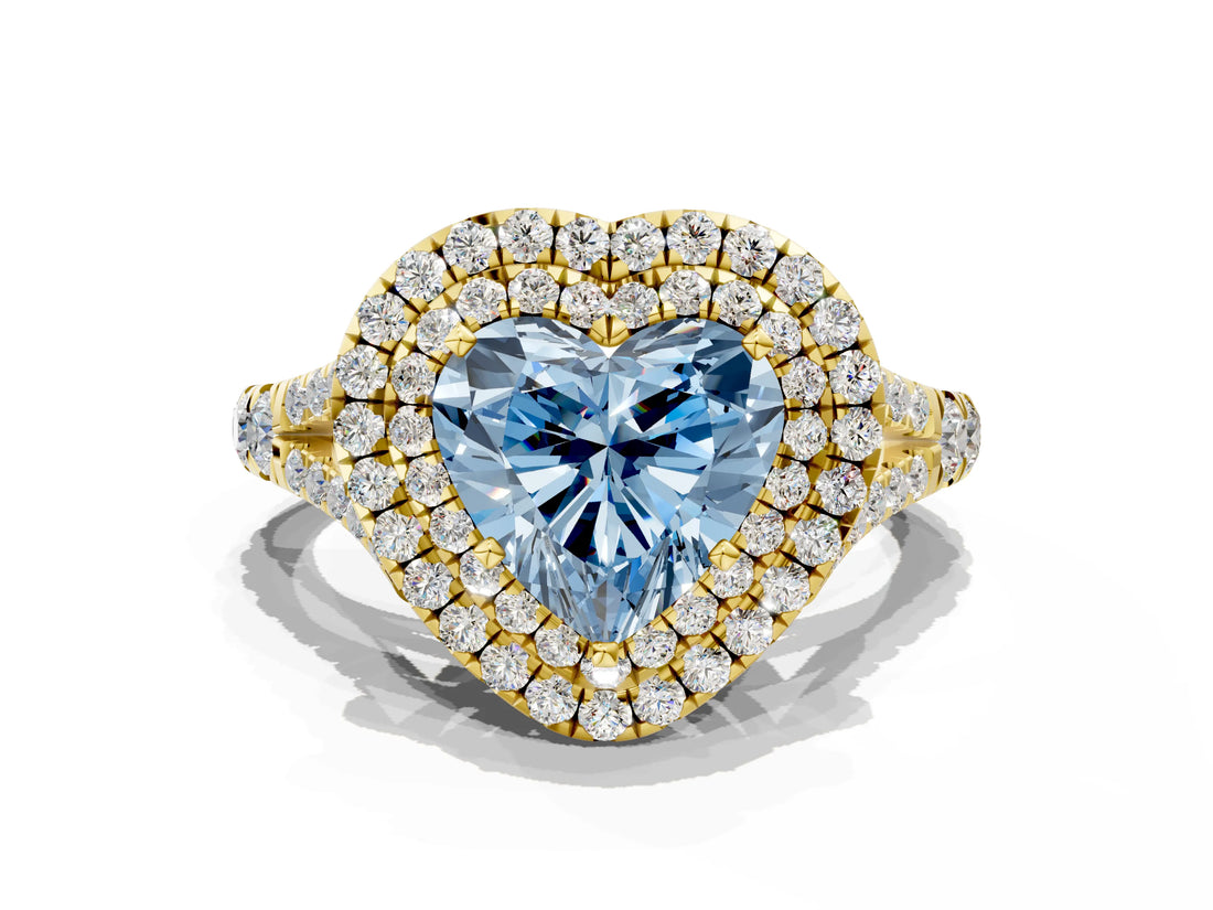 Yellow gold Double Halo Fancy Blue Heart Cut Diamond Split Shank Engagement Ring with Four-Prong Setting_3