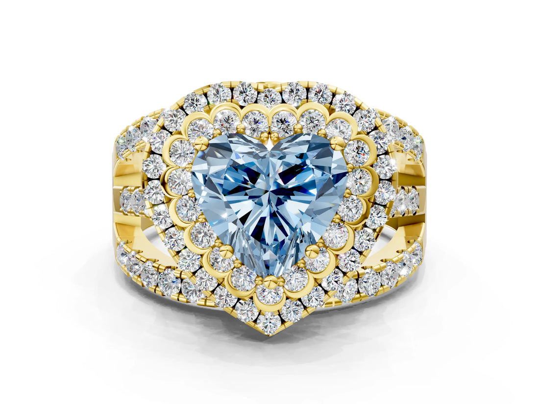 Yellow gold Double Halo Fancy Blue Heart Cut Diamond Split Shank Pave Set Ring_3