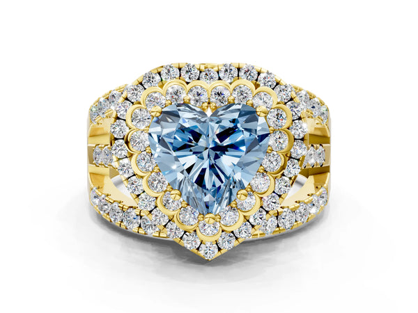 Yellow gold Double Halo Fancy Blue Heart Cut Diamond Split Shank Pave Set Ring