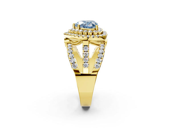 Yellow gold Double Halo Fancy Blue Heart Cut Diamond Split Shank Pave Set Ring