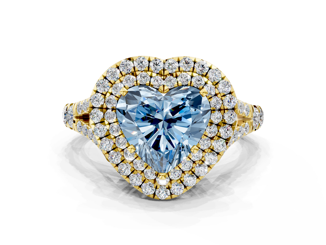 Yellow gold Double Halo Fancy Blue Heart  Cut Diamond Split Shank Ring with Four Prong Setting_20