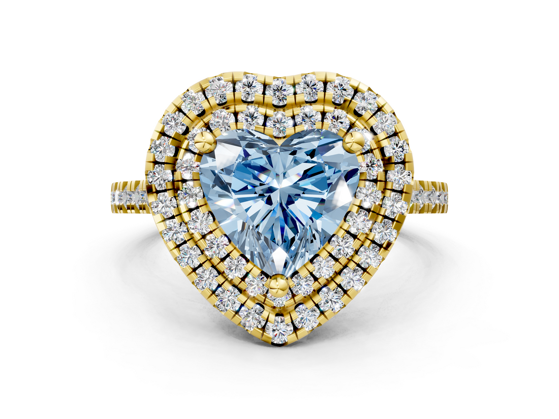 Yellow gold Double Halo Fancy Blue Heart  Diamond Pave Band with Four-Prong Setting_43
