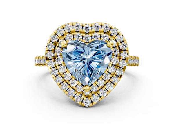 Yellow gold Double Halo Fancy Blue Heart Cut Diamond Pavé Band with Four-Prong Setting