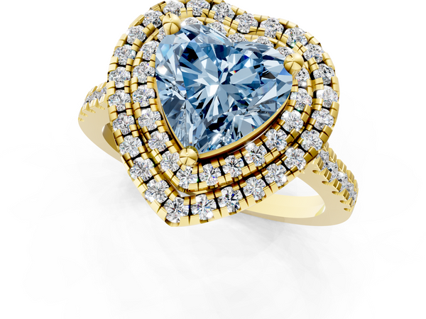 Yellow gold Double Halo Fancy Blue Heart Cut Diamond Pavé Band with Four-Prong Setting