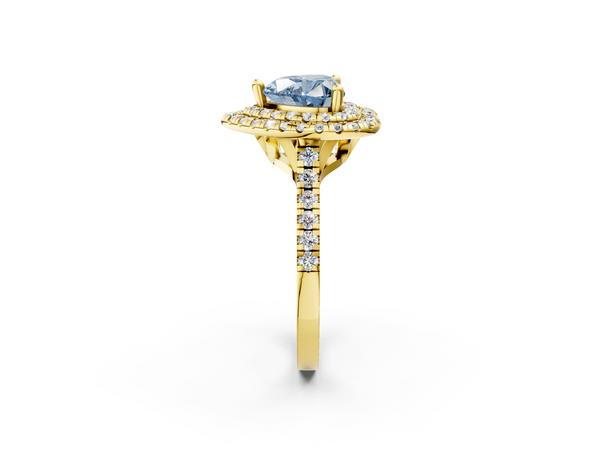 Yellow gold Double Halo Fancy Blue Heart Cut Diamond Pavé Band with Four-Prong Setting