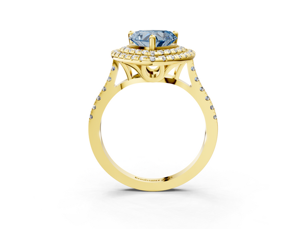 Yellow gold Double Halo Fancy Blue Heart Cut Diamond Pavé Band with Four-Prong Setting