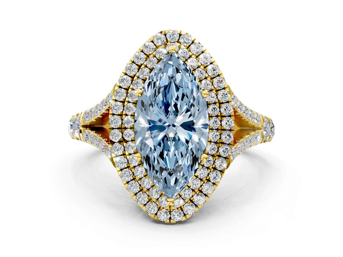 Yellow gold Double Halo Fancy Blue Marquise -Shaped Split Shank Diamond Ring with Prong Setting_15