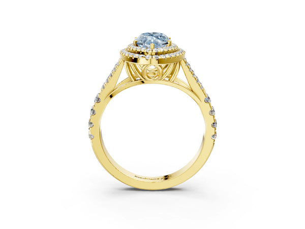 Yellow gold Fancy Blue Marquise Cut Diamond Double Halo Ring with Split Shank and Prong Setting