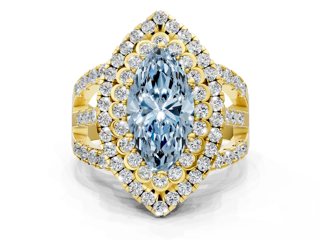 Yellow gold Double Halo Fancy Blue Marquise Cut Diamond Split Shank Pave Set Ring_3