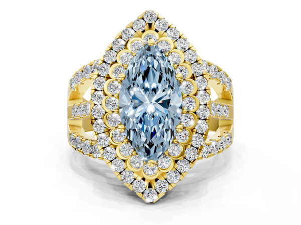 Yellow gold Double Halo Fancy Blue Marquise Cut Diamond Split Shank Pave Set Ring