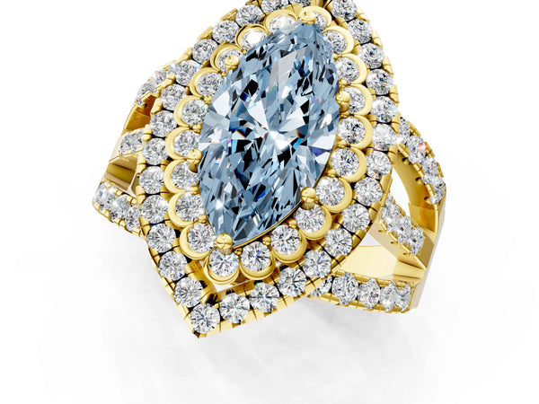 Yellow gold Double Halo Fancy Blue Marquise Cut Diamond Split Shank Pave Set Ring
