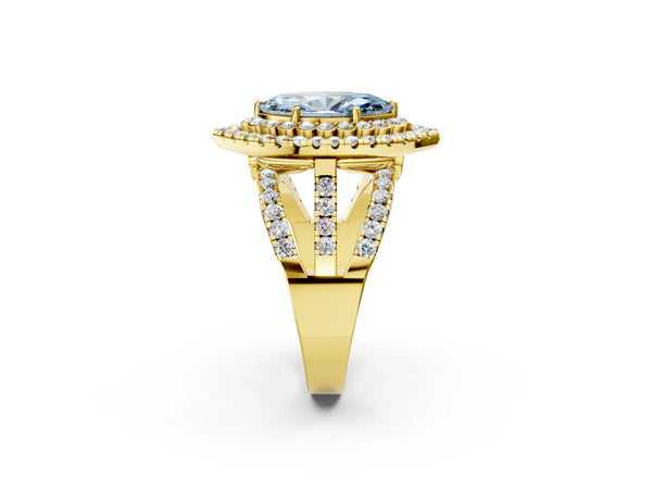 Yellow gold Double Halo Fancy Blue Marquise Cut Diamond Split Shank Pave Set Ring