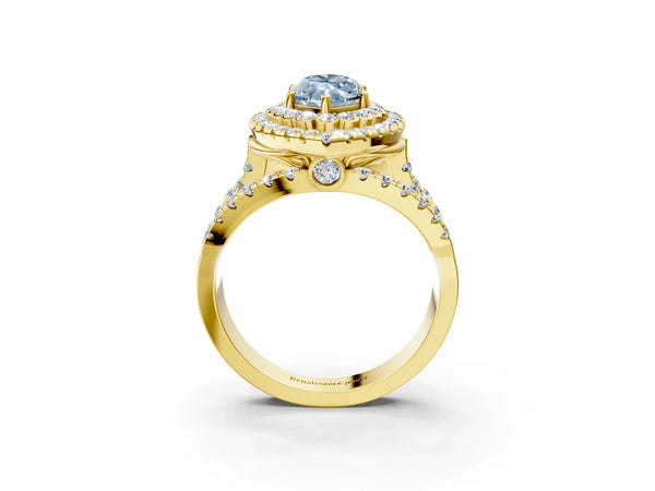 Yellow gold Double Halo Fancy Blue Marquise Cut Diamond Split Shank Pave Set Ring