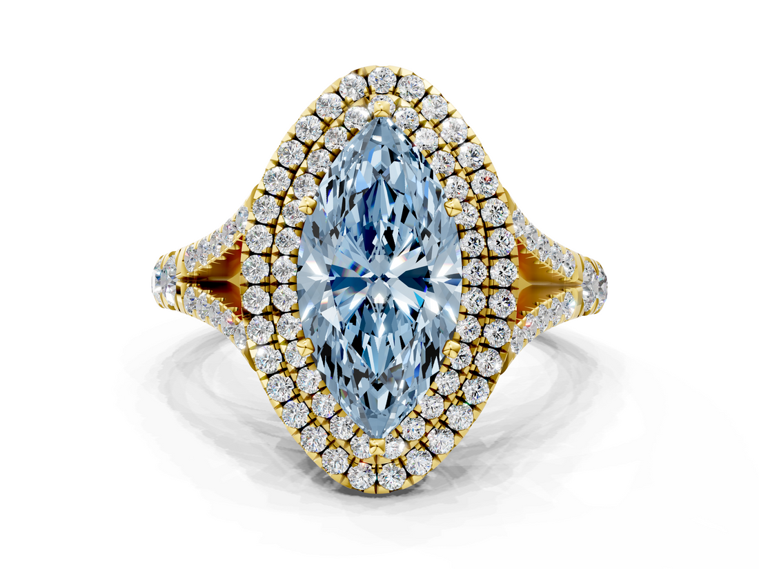 Yellow gold Double Halo Fancy Blue Marquise  Cut Diamond Split Shank Ring with Four Prong Setting_20