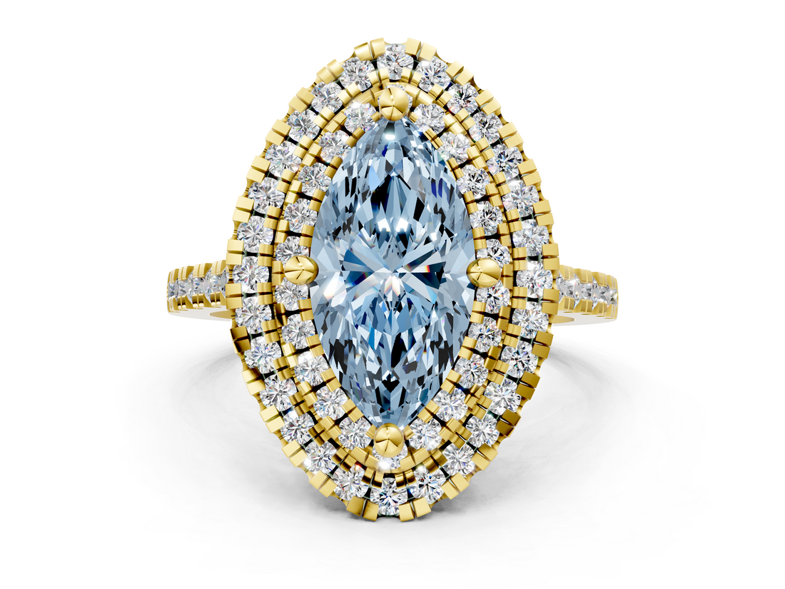 Yellow gold Double Halo Fancy Blue Marquise  Diamond Pave Band with Four-Prong Setting_43