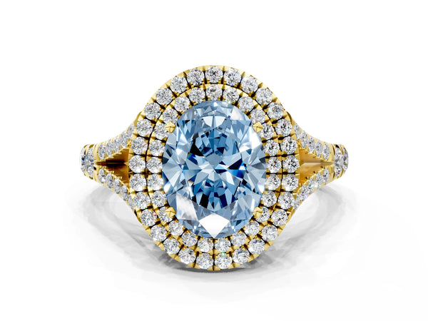 Yellow Gold Oval Double Halo Split Shank Engagement Ring Setting for Fancy Blue Center