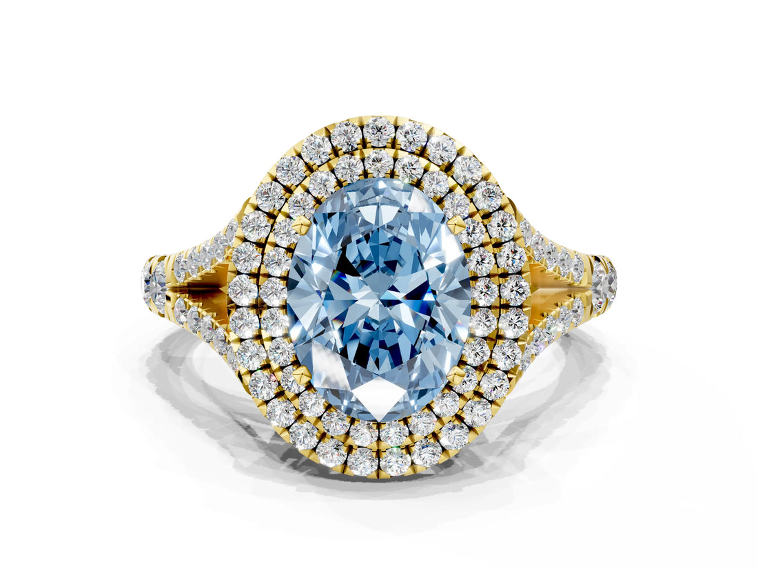 Yellow gold Double Halo Fancy Blue Oval Cut Diamond Split Shank Engagement Ring with Four-Prong Setting_3