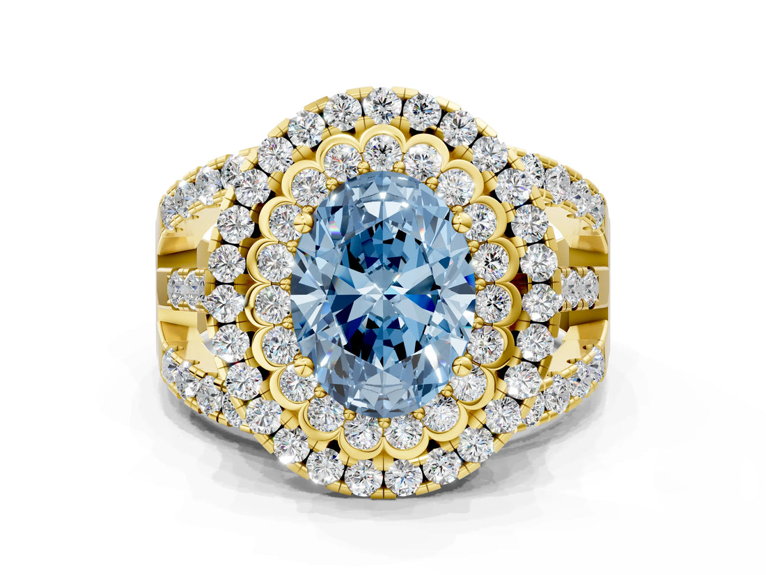 Yellow gold Double Halo Fancy Blue Oval Cut Diamond Split Shank Pave Set Ring_3