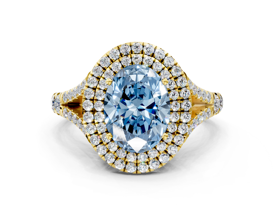 Yellow gold Double Halo Fancy Blue Oval  Cut Diamond Split Shank Ring with Four Prong Setting_37
