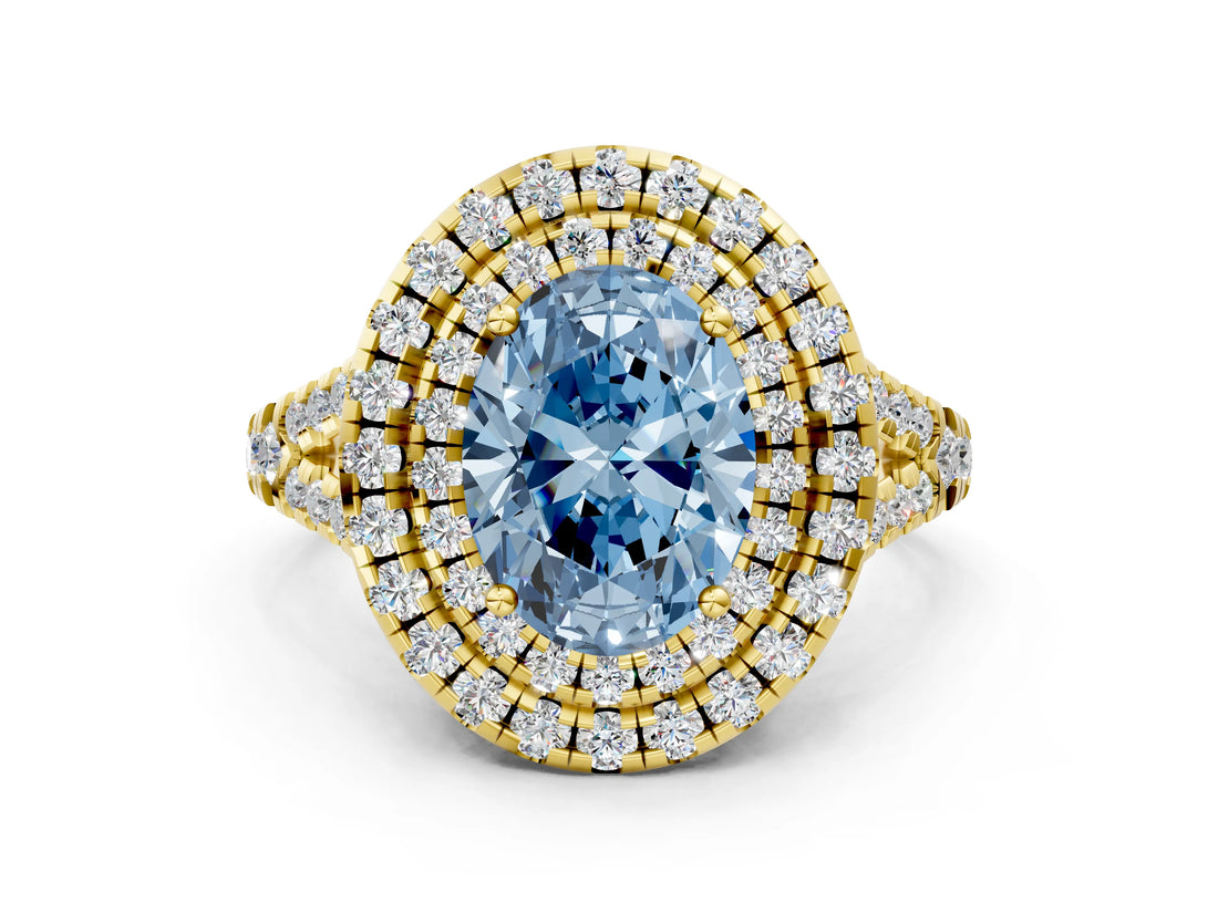 Yellow gold Double Halo Fancy Blue Oval  Cut Pave Split Shank Prong Set Ring_15