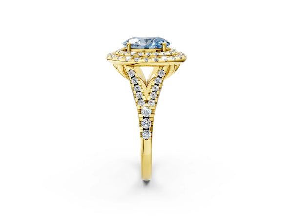 Yellow Gold Oval Halo Pave Split Shank Engagement Ring Setting for Fancy Blue Center