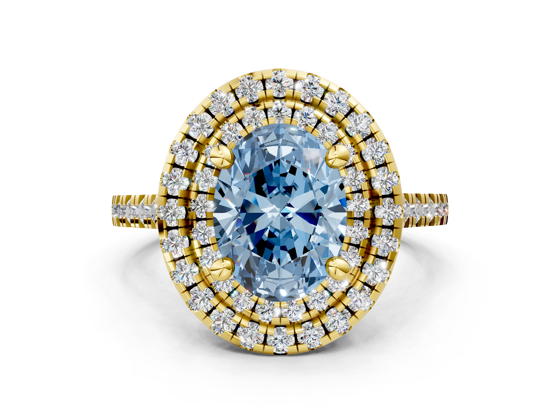 Yellow gold Double Halo Fancy Blue Oval  Diamond Pave Band with Four-Prong Setting_42