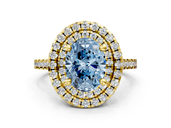 Yellow gold Double Halo Fancy Blue Oval Cut Diamond Pavé Band with Four-Prong Setting